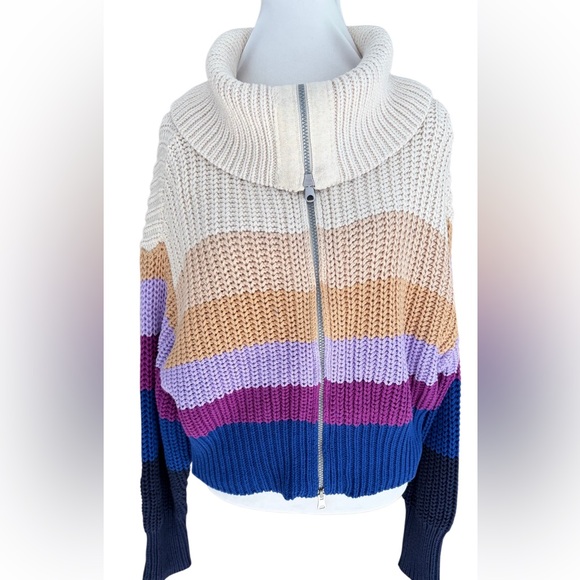 Aerie Colorblock Striped Double Zip Chunky Knit Sweater multi-color designs XL. - Picture 4 of 10